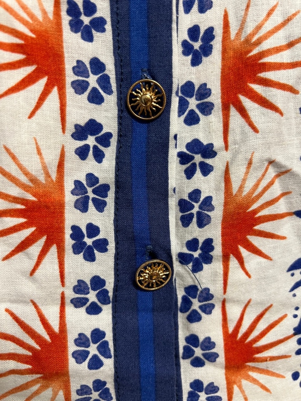 Rachel Zoe White Short Sleeve Linen Button-Up Shirt Blue & Orange Print Large - Picture 3 of 6